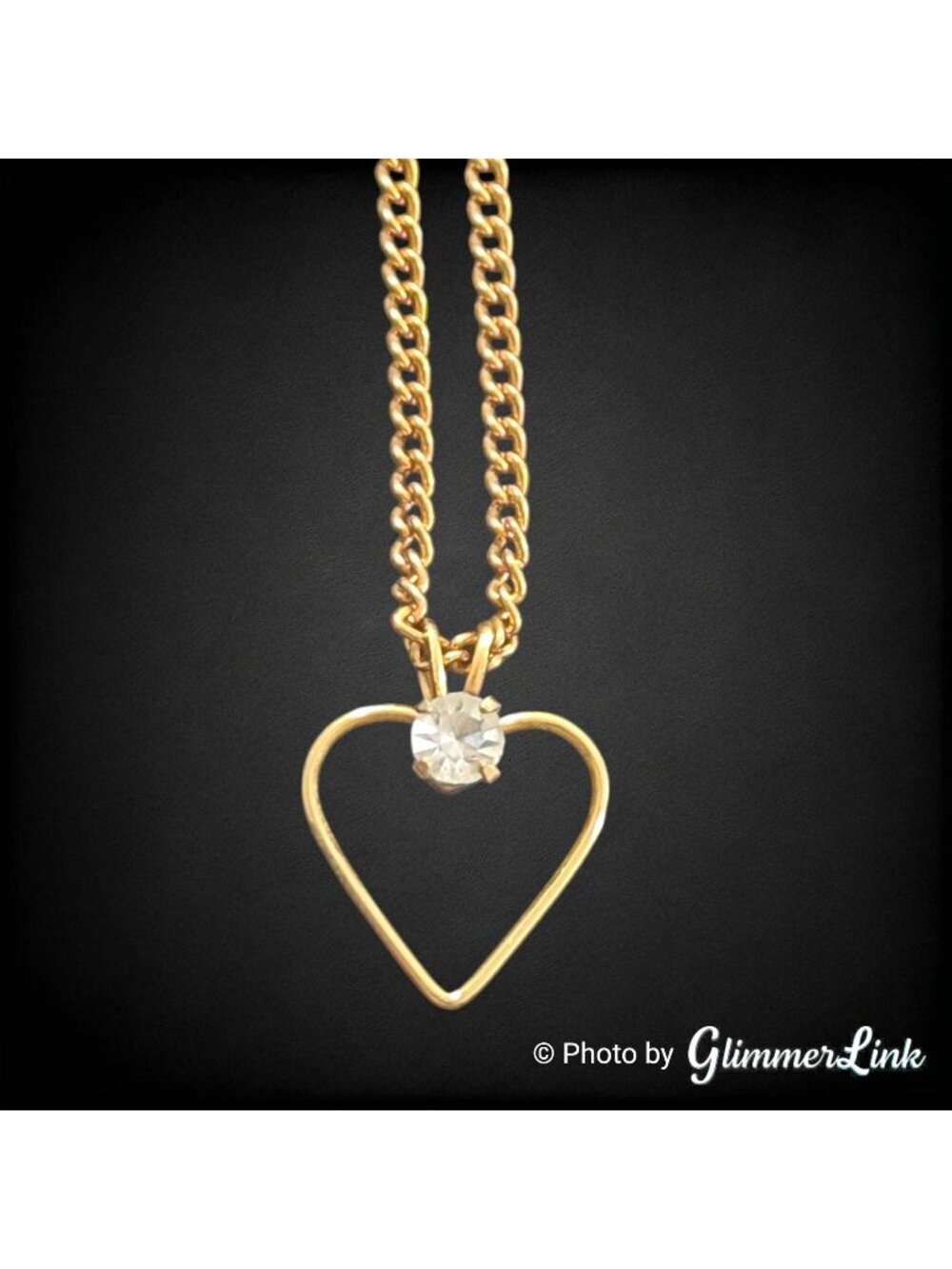 Vintage Gold Tone Open Heart Necklace Clear Rhinestone Pendant